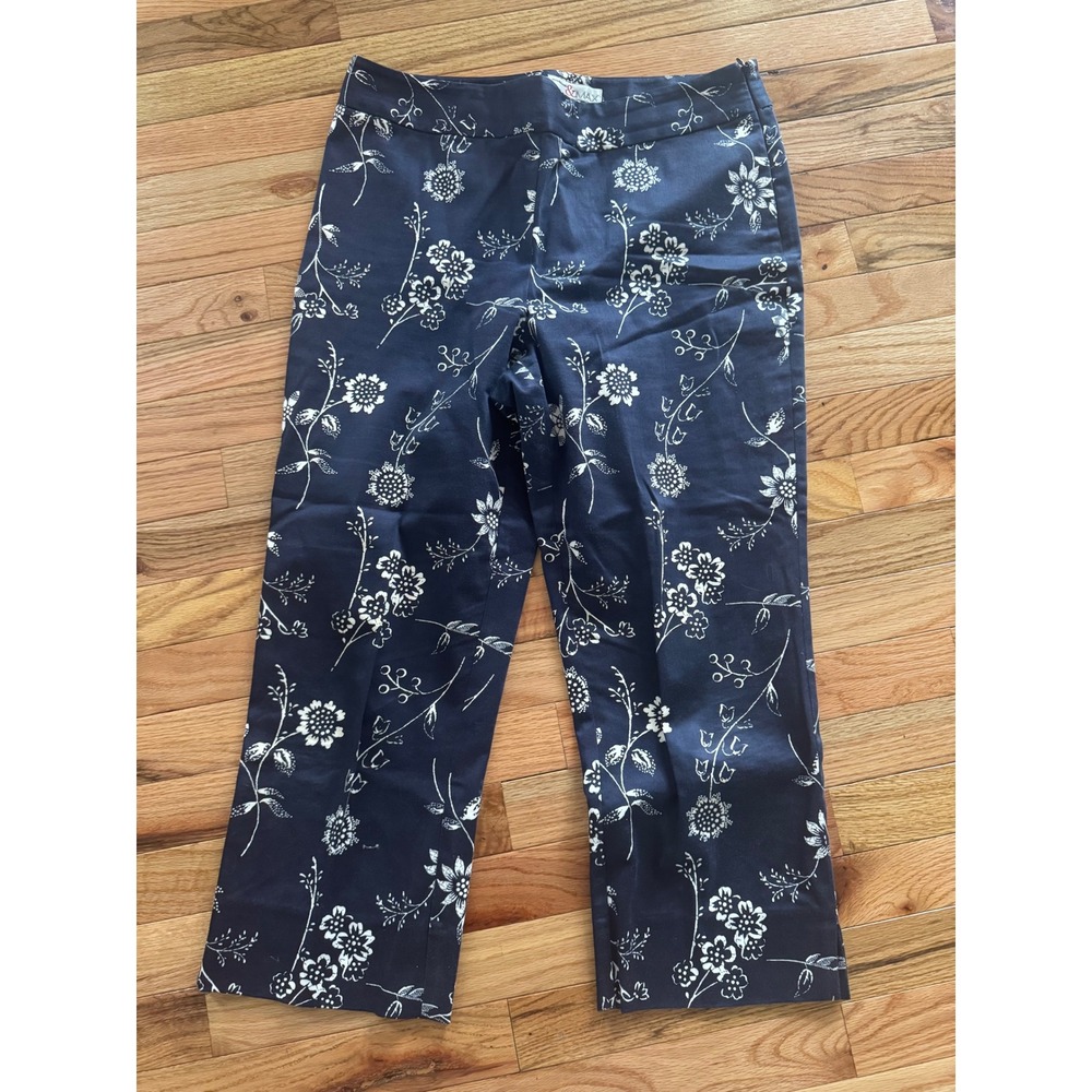 Madison & Max Womens Navy Blue Floral Cropped Pants Size 12 Side Zip Stretch